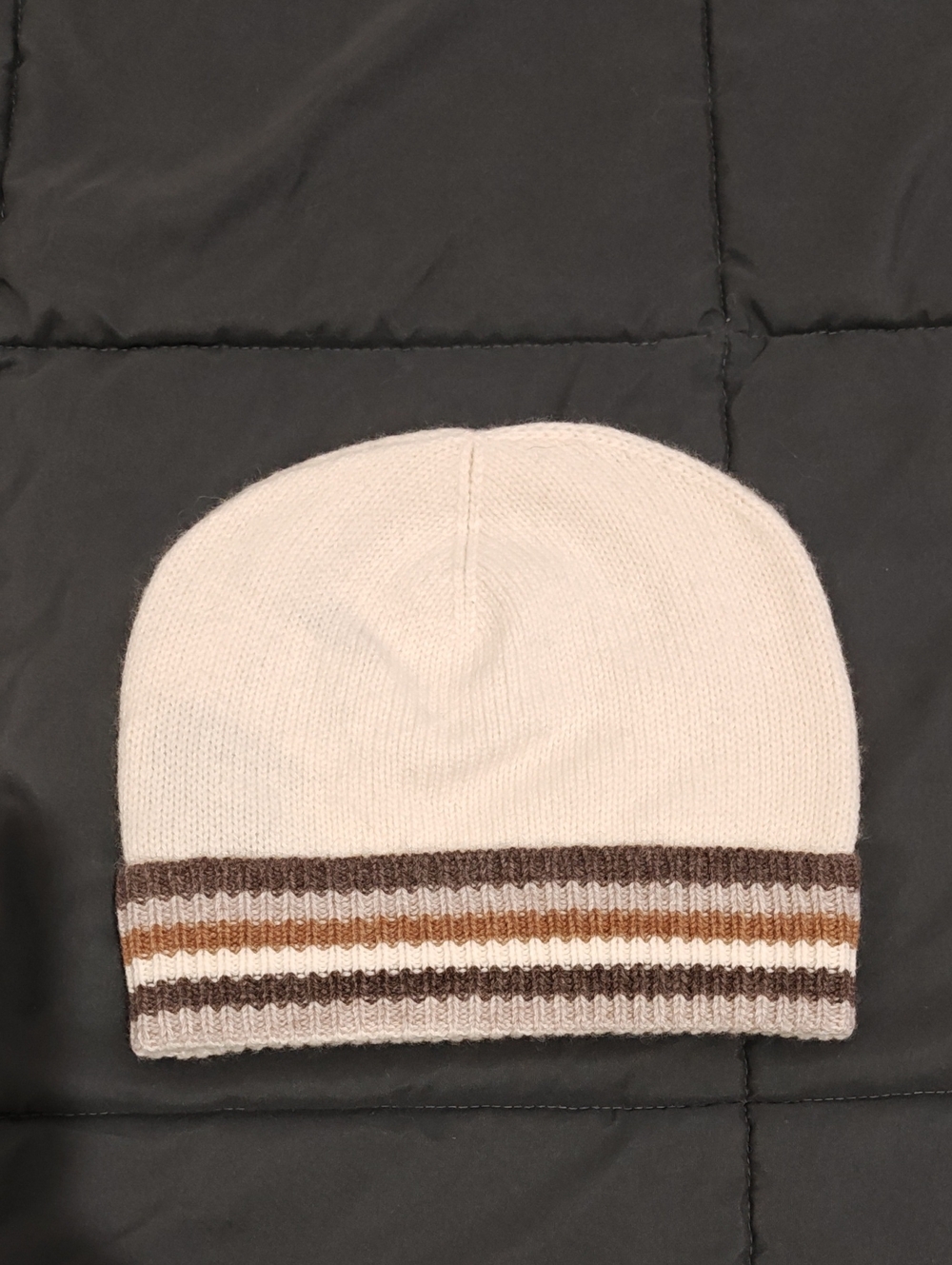 Charter Club Cashmere Beanie with Brown and Tan Striped Cuff